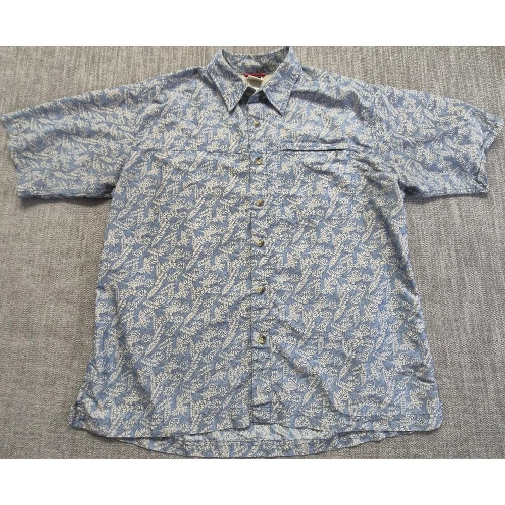 The North Face men's blue leaf print button up shirt LG short sleeves Zip pocket